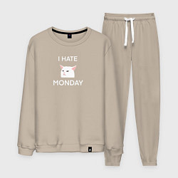 Костюм хлопковый мужской I hate monday текст с котом, цвет: миндальный