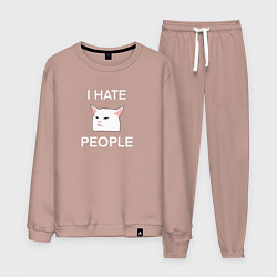 Костюм хлопковый мужской I hate people, текст с белым мемным котом, цвет: пыльно-розовый