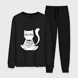 Костюм хлопковый мужской Белый кот с кофе, цвет: черный