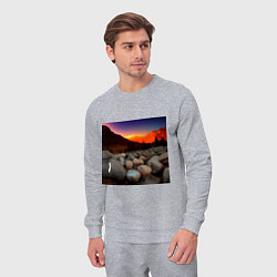 Костюм хлопковый мужской Горный пейзаж в закате солнца, каменная река, цвет: меланж — фото 2