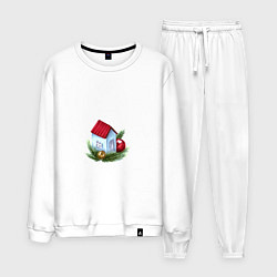 Костюм хлопковый мужской Новогодний домик на еловых ветках, цвет: белый