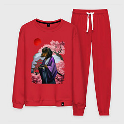 Костюм хлопковый мужской Такса-Самурай весенняя на фоне сакуры, цвет: красный