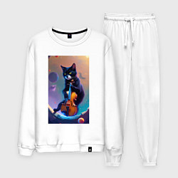 Костюм хлопковый мужской Кот со скрипкой в космосе, цвет: белый