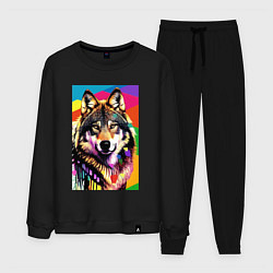Костюм хлопковый мужской Красочный волк - поп-арт - нейросеть, цвет: черный