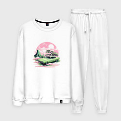 Костюм хлопковый мужской Ретро автомобиль на розовом закате, цвет: белый