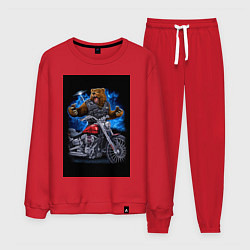 Костюм хлопковый мужской Медведь байкер с мотоциклом, цвет: красный