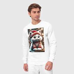 Костюм хлопковый мужской Котик в новогоднем свитере, цвет: белый — фото 2