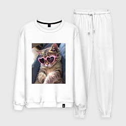 Костюм хлопковый мужской Милый мем-кот в очках в стиле аниме, цвет: белый