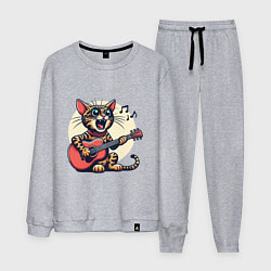 Костюм хлопковый мужской Забавный полосатый кот играет на гитаре, цвет: меланж