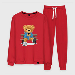 Костюм хлопковый мужской Плюшевый медведь на скамейке, цвет: красный