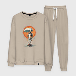 Костюм хлопковый мужской Робот под дождём с зонтом, цвет: миндальный