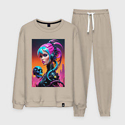 Костюм хлопковый мужской Девушка в стиле киберпанк с черепом - нейросеть, цвет: миндальный