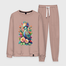 Костюм хлопковый мужской Голубая птица с хохолком среди цветов, цвет: пыльно-розовый