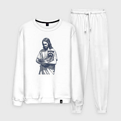 Костюм хлопковый мужской Иисус держит милого енота на своих руках, цвет: белый