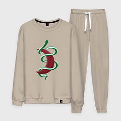 Костюм хлопковый мужской Змея вокруг красной луны, цвет: миндальный