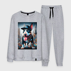 Костюм хлопковый мужской Funny bull terrier in New York - ai art, цвет: меланж