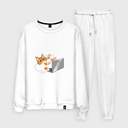 Костюм хлопковый мужской Милый котик программист усердно печатает, цвет: белый