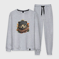 Костюм хлопковый мужской Медведь в шарфе и шапке, цвет: меланж