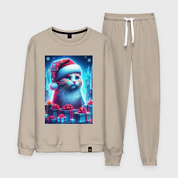 Костюм хлопковый мужской Новогодний котик среди подарков, цвет: миндальный