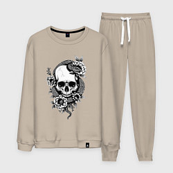 Костюм хлопковый мужской Змея на черепе с цветами, цвет: миндальный