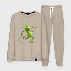 Костюм хлопковый мужской Новогоднее настроение гринч с гирляндой, цвет: миндальный