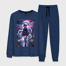 Костюм хлопковый мужской Девушка с катаной на фоне цветущей сакуры, цвет: тёмно-синий