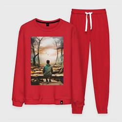Костюм хлопковый мужской Мальчик на скамейке, цвет: красный