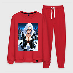 Костюм хлопковый мужской Черная кошка на крыше небоскреба, цвет: красный