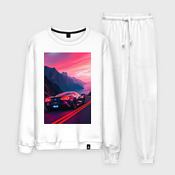 Костюм хлопковый мужской Суперкар едет около океана, цвет: белый