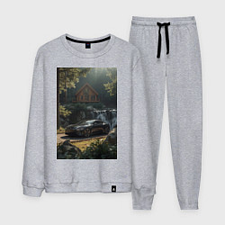 Костюм хлопковый мужской Черный суперкар возле коттеджа в лесу, цвет: меланж