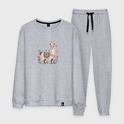 Костюм хлопковый мужской Лама с сердечками и цветами, цвет: меланж