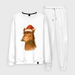 Костюм хлопковый мужской Лошадка жует елочные ветки, цвет: белый