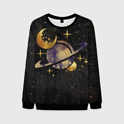 Свитшот мужской Сатурн, луна, спутник и звезды, цвет: 3D-черный
