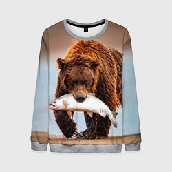 Свитшот мужской Медведь с рыбой во рту, цвет: 3D-меланж