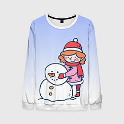 Свитшот мужской Девочка лепит снеговика, цвет: 3D-белый