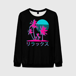 Свитшот мужской Неоновые пальмы Иероглифы Neon Palm Tree, цвет: 3D-черный