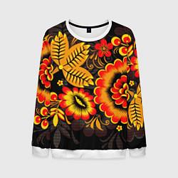 Свитшот мужской Хохломская Роспись Цветы На Тёмном Фоне, цвет: 3D-белый