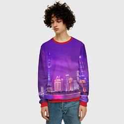 Свитшот мужской Неоновый мегаполис - Фиолетовый, цвет: 3D-красный — фото 2