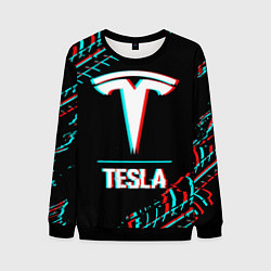 Мужской свитшот Значок Tesla в стиле Glitch на темном фоне
