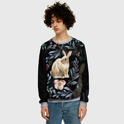 Свитшот мужской Новогодний кролик - Веточки и цветочки, цвет: 3D-меланж — фото 2