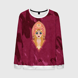 Свитшот мужской Девушка в красном кокошнике с золотыми украшениями, цвет: 3D-белый