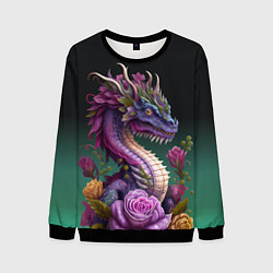 Свитшот мужской Неоновый дракон с цветами, цвет: 3D-черный
