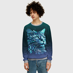 Свитшот мужской Неоновый кот: фиолетовые и бирюзовые линии, цвет: 3D-меланж — фото 2