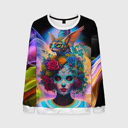 Свитшот мужской Девушка с кошкой - нейросеть - искусство, цвет: 3D-белый