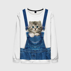 Свитшот мужской Котенок в кармане комбинезона, цвет: 3D-белый