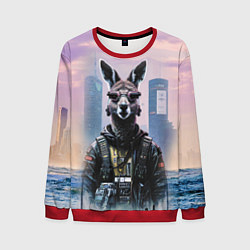 Свитшот мужской Кенгуру в стиле киберпанк на фоне мегаполиса, цвет: 3D-красный