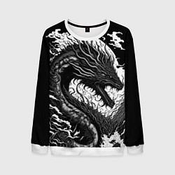 Свитшот мужской Черно-белый дракон и волны, цвет: 3D-белый
