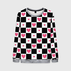 Мужской свитшот Розовые сердечки на фоне шахматной черно-белой дос