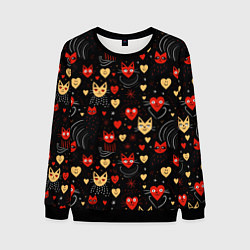 Свитшот мужской Паттерн с сердечками и котами валентинка, цвет: 3D-черный