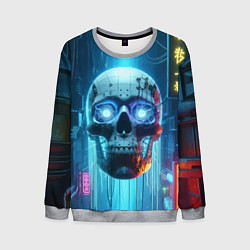 Свитшот мужской Cyber skull - neon glow ai art, цвет: 3D-меланж